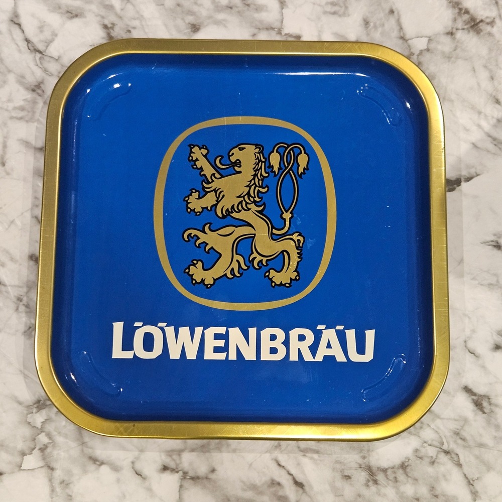 Lowenbrau Beer Tray Vintage Blue Gold‎ Lion Metal Barware Collectible